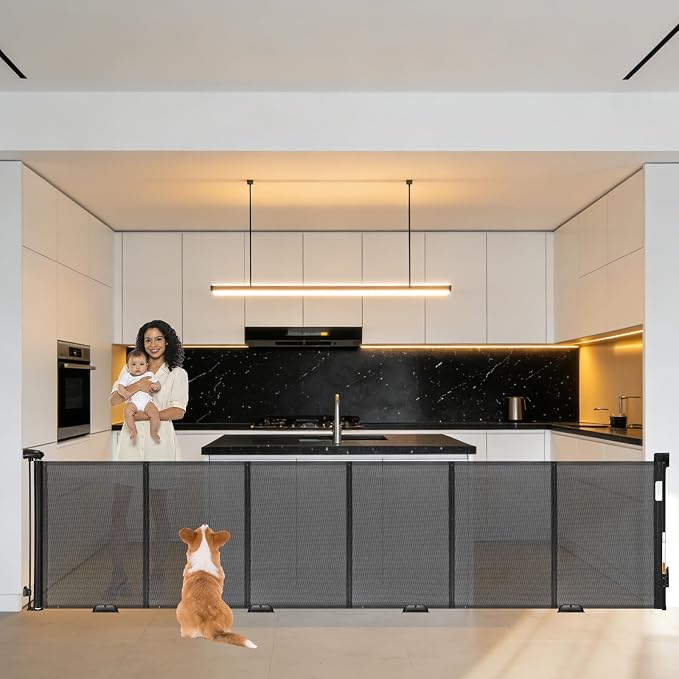 Reinforced 118" Wide Retractable Gate with Reinforced Strips, Indoor/Outdoor Retractable Dog Gate for Doorway Prevent Bottom Drilling Through, Safety Mesh Gate, Black