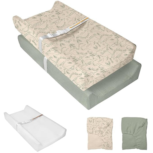 Muslin Baby Changing Pad, 2 Pack Muslin Soft Cotton Covers & Waterproof Lining Foam Diaper Changing Table Pad 32" x 16.6" Mat for Dressers