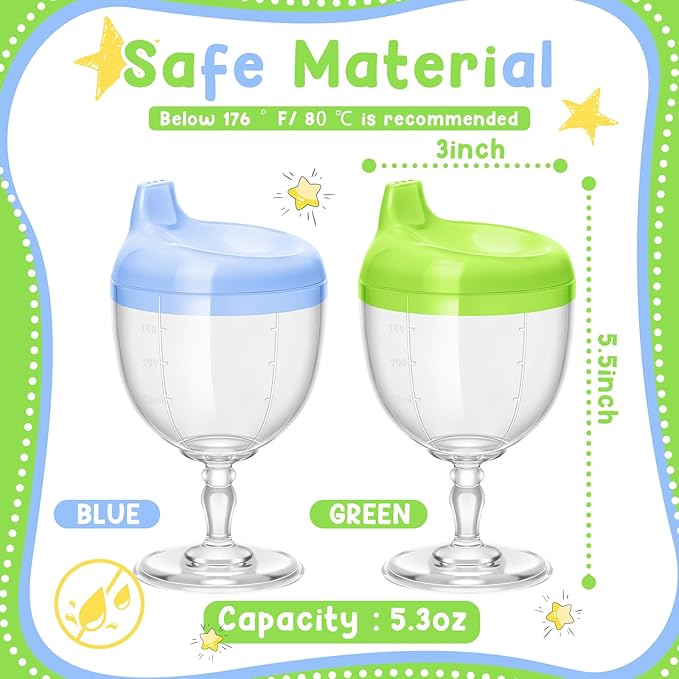 Irenare 2 Pcs Baby Wine Sippy Cup Plastic Goblet Cup No Spill Toddler Sippy Goblet Beverage Milk Water Bottle for Kids Holiday Birthday Party Funny Gift (Goblet Style,Blue,Green)