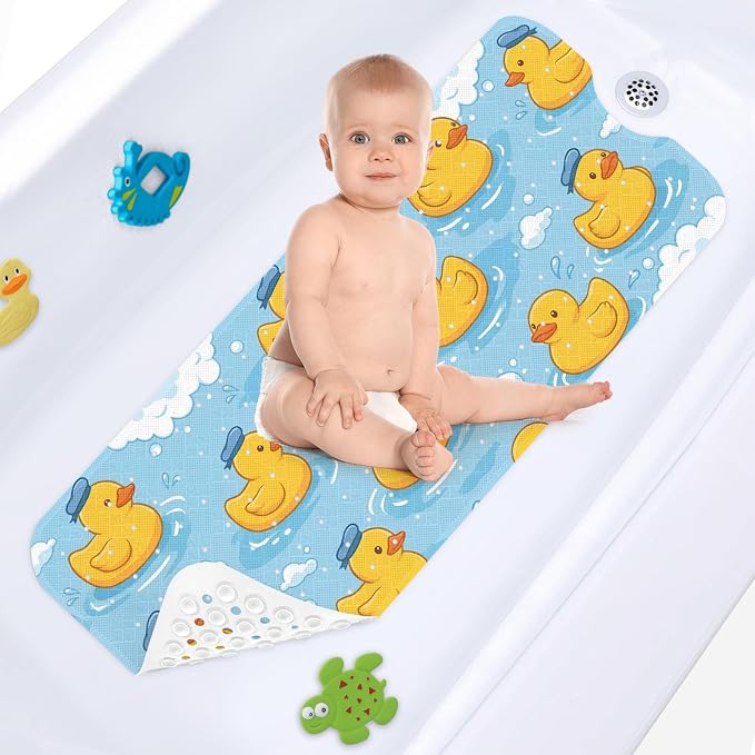 Yellow Rubber Duck Bathtub Shower Mat Blue Cute Non-Slip Tub Extra Long Bath Floor 40X16 Inch Machine Washable for Bathroom Tub Bath Mat for Toddler and Baby