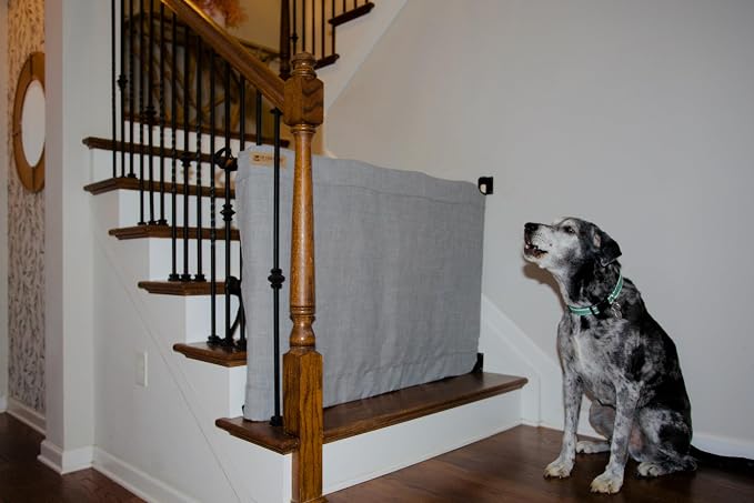 The Stair Barrier First Fabric Wall to Banister Baby Gate for Stairs 43”–52” Wide x 32” Tall – Dog Gate for Stairs, for Top or Bottom Staircase, Machine-Washable, Climb Proof, Designed in USA – Grey