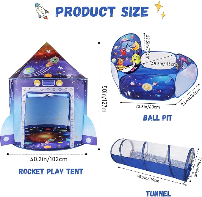 3 in 1 Rocket Ship Play Tent with Tunnel Ball Pit for Kids Space Themed Pop Up Playhouse Indoor Outdoor Astronaut Tent Set Toy Gift for Boys Girls Toddler Baby Child Games Birthday Party