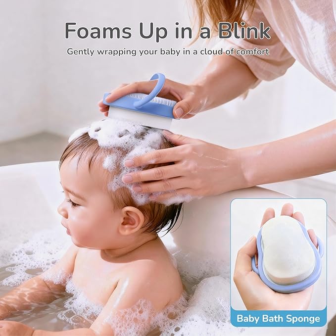 3-in-1 Baby Cradle Cap Brush Kit, Soft Brush, Curved Comb & Bath Sponge | BPA-Free Cradle Cap Treatment Set for Newborns & Infants Scalp Massage Dry Skin Flakes Removal, Light Blue