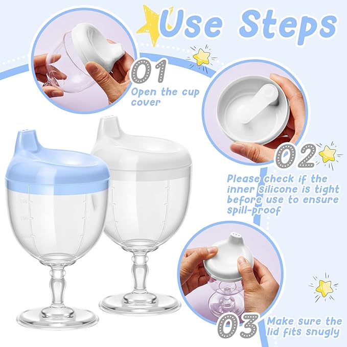 Irenare 2 Pcs Baby Wine Sippy Cup Plastic Goblet Cup No Spill Toddler Sippy Goblet Beverage Milk Water Bottle for Kids Holiday Birthday Party Funny Gift (Goblet Style,Blue,White)