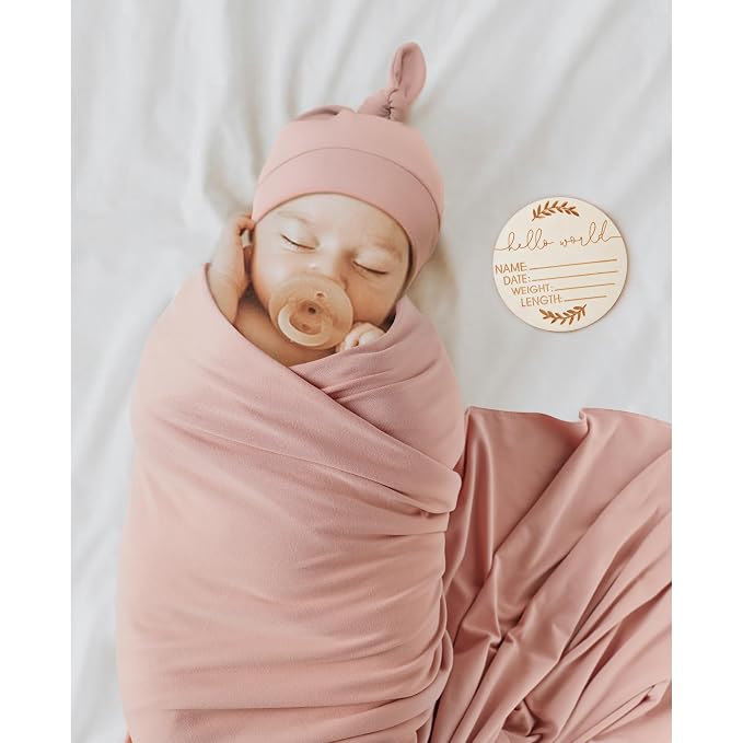MairMore Baby Swaddle Receiving Blankets with Matching Beanie Set Newborn Nursery Swaddle Wrap for Baby Girls and Boys (Pink)