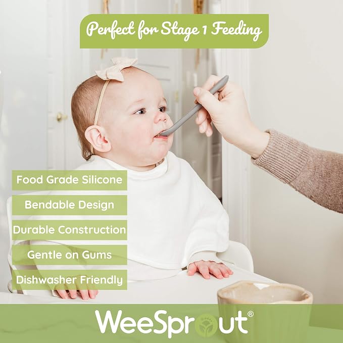 WeeSprout 3 Silicone Baby Spoons & 2 Bowls with Lids Bundle - Soft-Tip, Bendable Feeding Utensils - Durable, Travel-Friendly, Dishwasher Safe - Beige & Purple