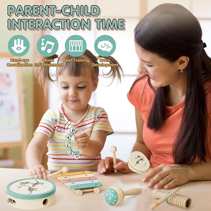 Baby Musical Instruments for Toddlers 1-3, Montessori Wooden Toys for 1 Year Old, Xylophone Maracas Percussion Set with Storage Bag, Learning Toys for Boys Girls Age 2-4, Christmas Birthday Gift