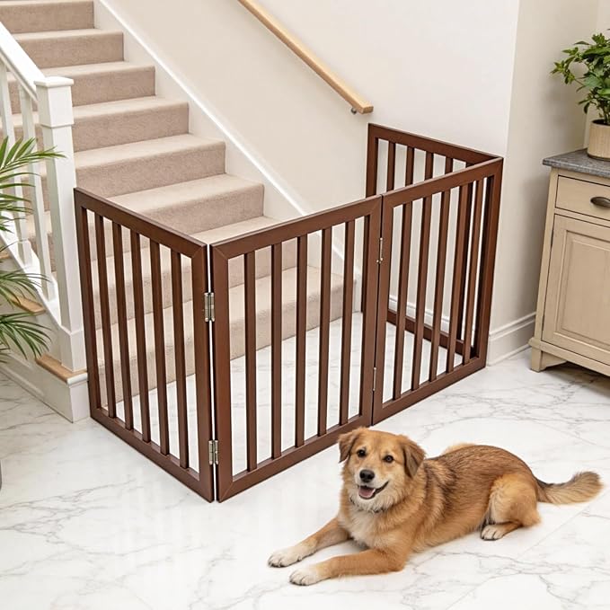 Dog Gate Indoor, Freestanding Dog Fence for The House, Doorways, Hallways,or Stairs,Pet Gate Foldable Wooden,Expandable 32" Height 2 Panels,Brown