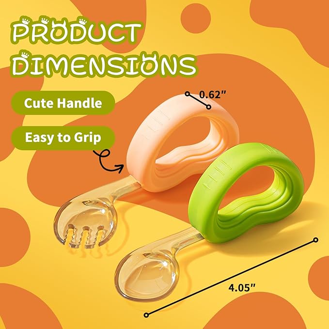 Toddler Forks and Spoons Set,Baby Utensils 12-18 Months with Silicone Easy-Grip Handle & Travel Case,BPA-Free Toddler Utensils 1 Year Old,Kids Utensils,Dishwasher Safe,Orange+Green