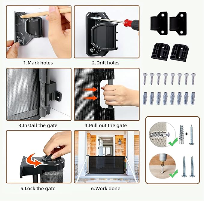 Retractable Baby Gate, 55 in Wide x 33 in Tall Mesh Dog Gate, Hardware Mounted Safety Gate with Double Lock for Doorways, Hallways, Indoor Outdoor, Black