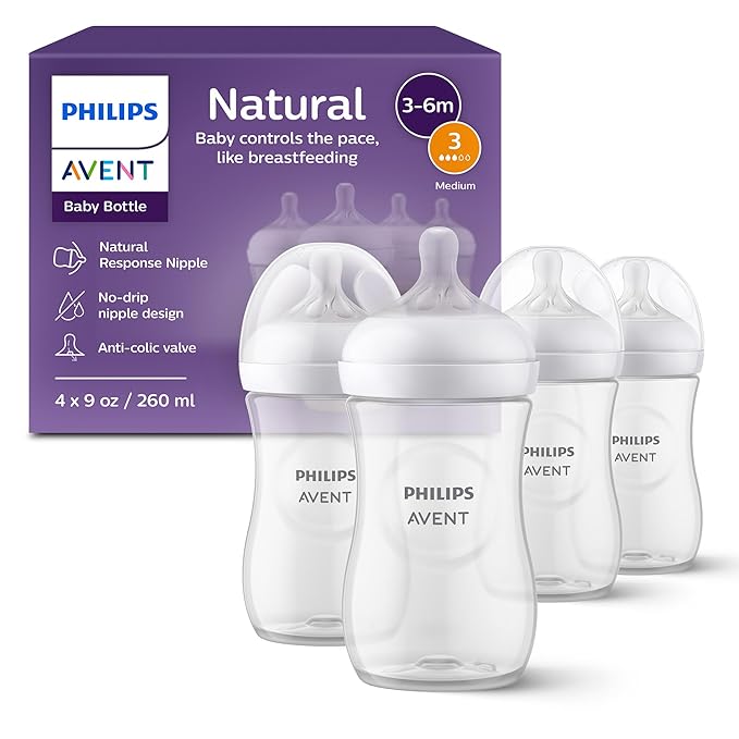 Philips Avent Natural Baby Bottles with Natural Response Nipples (Medium Flow, Flow 3), 9oz, 24-Pack, SCY903/04