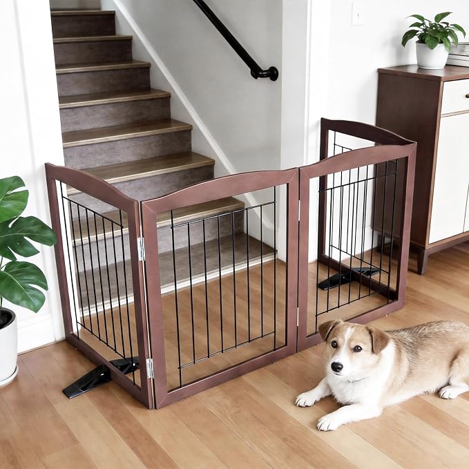 Dog Fence Indoor,Dog Gate Indoor for Doorway pet gate -3-Panel Freestanding, Hallways, House or Stairs -60x24-Inch Retractable Foldable Expandable Wood Pet by SFJC (Brown) ﻿
