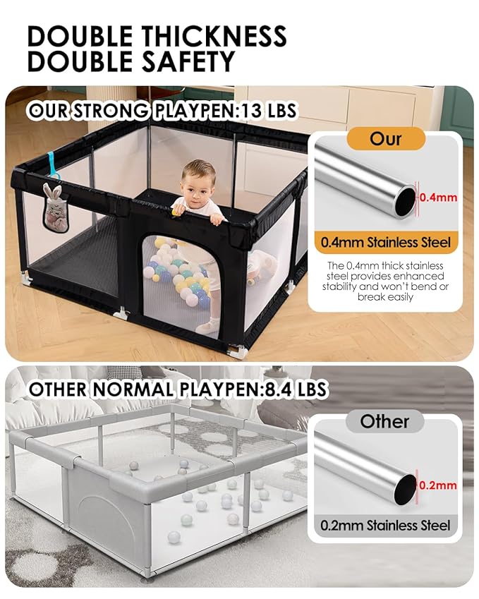 Upgraded Dearlomum Baby Playard, 50"x50" Baby Playpen with Gate, Anti-Slip Thick Base & Soft Mesh Sides, Indoor & Outdoor Activity Center for Toddlers (Black)
