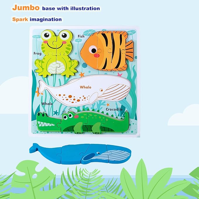 Montessori Toys Puzzle for 18-24 Month, Toddler Educational Wooden Jigsaw, Creature Matching & Sorting & Learning Toys for Ages 2-4