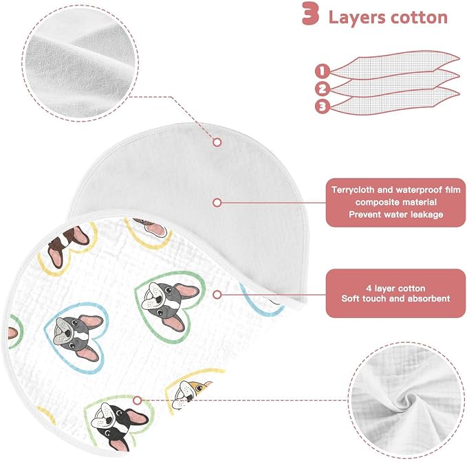 2 Pack Muslin Burp Cloths Bulldog Hearts White Cotton Baby Burp Cloths Absorbent Burping Cloth Soft Spit Up Rags for Newborn Babies Boys Girls 22x11 Inch