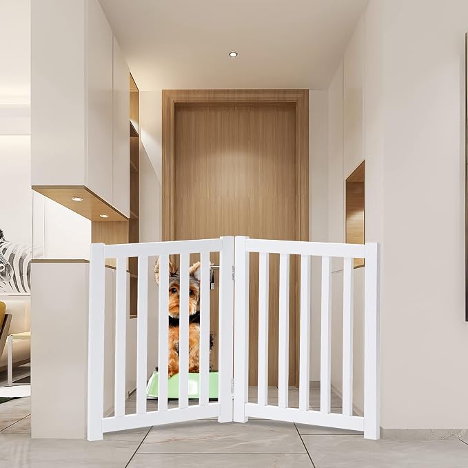 LZRS 2-Panel Wooden Free Standing Foldable Dog Gate Indoor – Solid Hardwood 24" High, Step-Over Safety Pet Gate for Doorways, Stairs & Small Spaces - Indoor Use, White