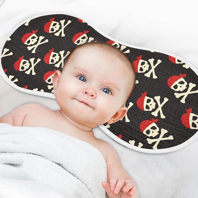 Muslin Burp Cloths for Baby Boys and Girls - 2-Pack Ultra Absorbent Pirate Skull Muslin Washcloths, Newborn Towel, Milk Spit Up Rags, Burp Cloth Bibs for Unisex, 22 x 11 Inch