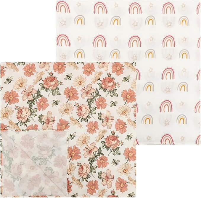insular Muslin Swaddle Blankets for Boys Girls, 2 Pack Receiving Baby Blanket Large 47 x 47 inches, Soft Breathable Swaddling Wrap for Unisex Newborn, Floral&Rainbow