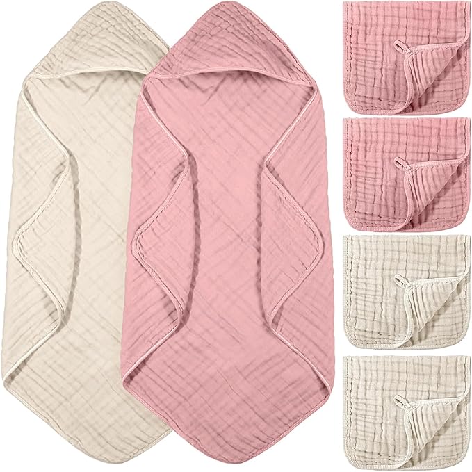 VitalCozy 6 Pcs Baby Muslin Hooded Bath Towels and Washcloths Muslin Cotton Hooded Baby Towels Absorbent Blankets for Gift Newborn Infant Shower (32 x 32 Inch,Dark Pink,Light Brown)