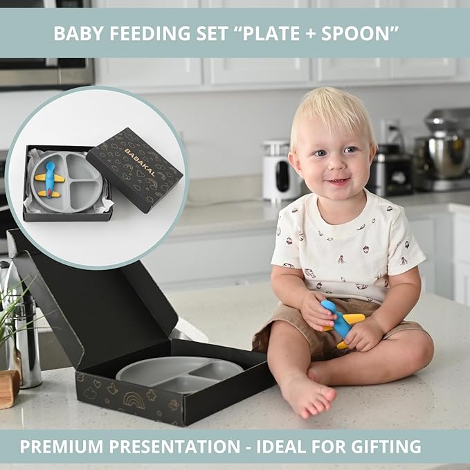 Airplane Baby Spoon and Suction Plate Set ??Turn Mealtime Into Playtime | BPA-Free Silicone Baby Feeding Set for Babies 6??8 Months