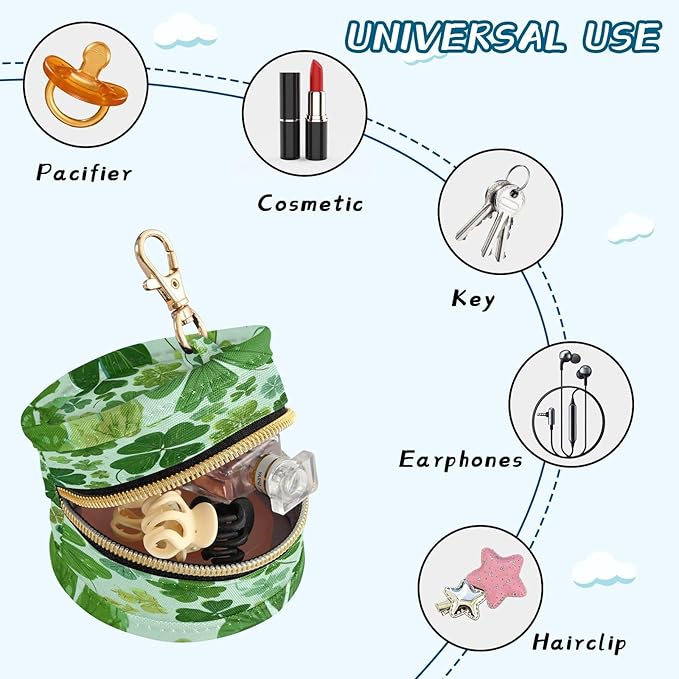 Pacifier Holder with Clip Pacifier Case for Diaper Bag Round Baby Pacifier Pouch Box Bag Portable Green Nature St Patrick Clovers
