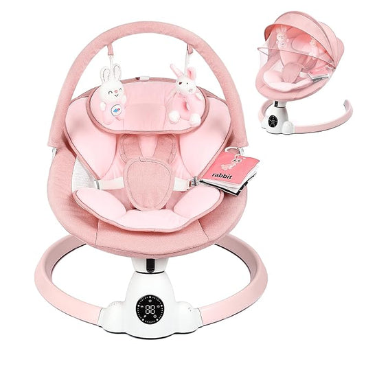 Uuoeebb Baby Swing for Infants, Portable Electric Baby Swings with Bluetooth, 5 Swing Speed, 10 Melodies, 5-Point Harness, Remote Control & Touch Panel - Infant Swing for Indoor & Outdoor Use, Pink