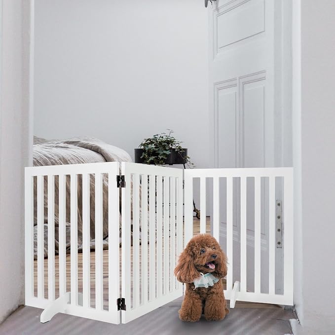 24" Height Dog Gate Pet Gate Foldable with 2PCS Support Feet, 3 Panels Dog Fence Wooden Pet Gates for House Doorways Indoor Outdoor Stairs with Rubber Pads White