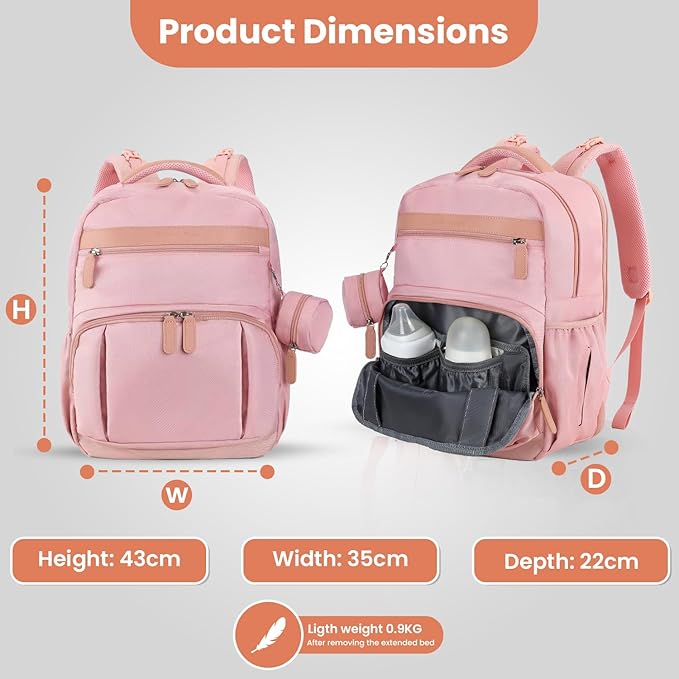 Baby Diaper Bag Backpack with Changing Station, 28Liters Capacity Nylon Baby Registry Mom Bags, Travel Friendly Unisex Bag, Essential Bag with Insulated Pockets, Pink
