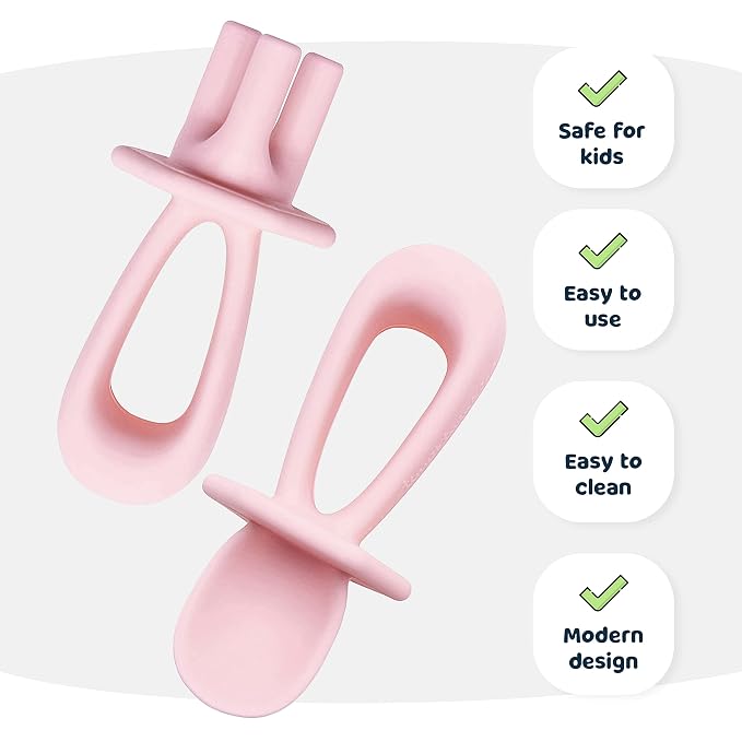 Tiny Twinkle Silicone Training Utensils - Baby Spoons and Baby Forks For Self-Feeding Training - Silicone Baby Led Weaning Utensils For Toddlers And Babies 6-24 Months - Baby Feeding Supplies (Rose)