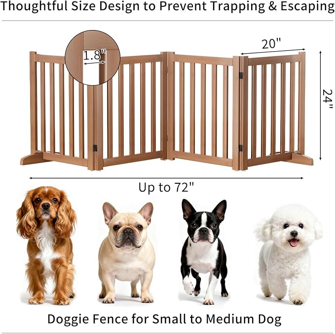 Wooden Freestanding Foldable Dog Gate, 24 Inch Height 4 Panel Pet Gate No Drill for Doorways Stairs, Fully Assembled Indoor Puppy Fence (Brown, 80" W x 24" H)