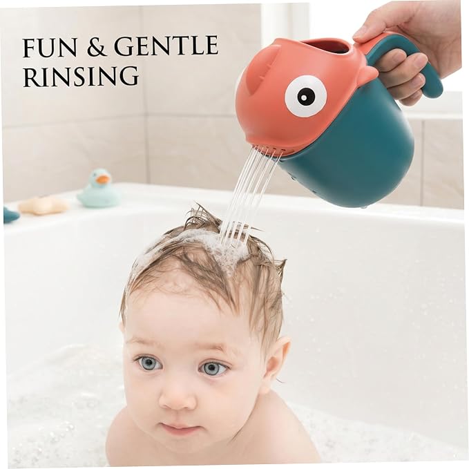 Baby Bath Rinser Cup, Large Capacity Bath Cup for Rinsing Hair with 7-Hole Gentle Shower, Easy-Grip Cartoon Fish Design for Kids Time..