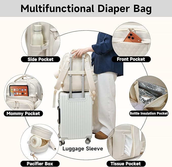 Leather Diaper Bags with Changing Station，Baby Bag，Large Capacity Diaper Bag Backpack for Moms Dads,Waterproof Diaper Backpack（Beige）