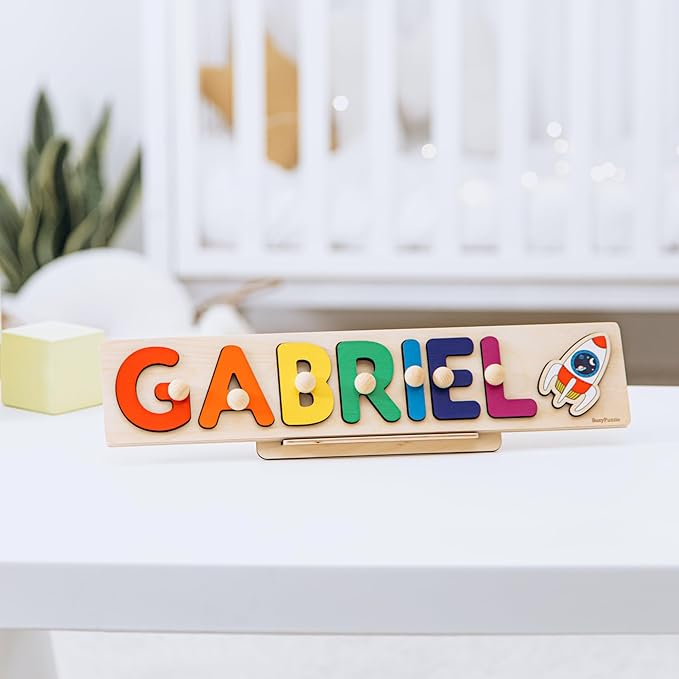 Personalized Name Puzzle Montessori Toys Nursery Decor Customized Puzzle Educational Toy for a 1 Year Old Gifts Kids Name Sign for Nursery Easter Present for Baby (Rainbow)