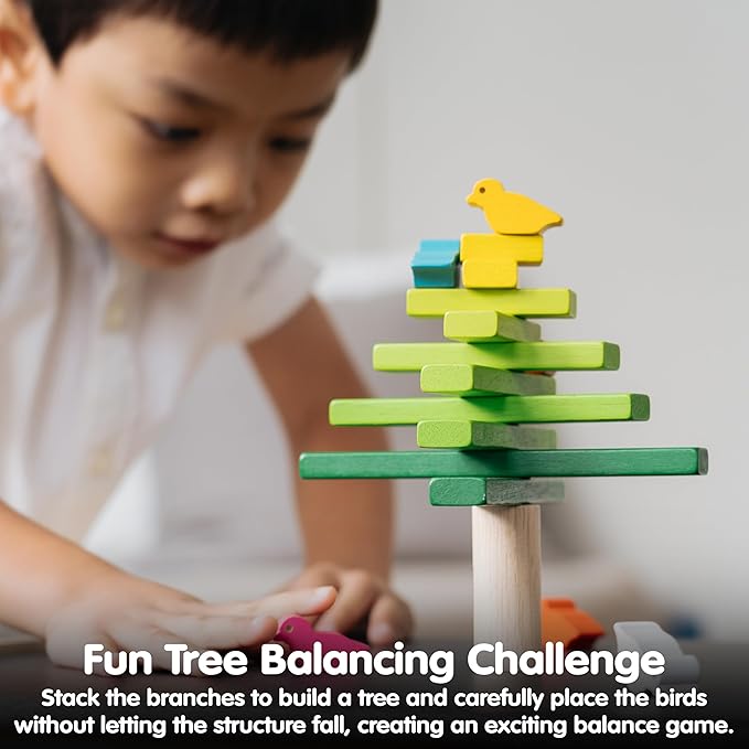 PlanToys® Wooden Balancing Tree Game | Montessori Stacking Toy with Birds for Fine Motor Skills & Coordination | Educational Game for Toddlers, Preschool Kids & Family Play
