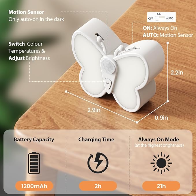 MY BEAUTY LIGHT Bright Dimmable Butterfly LED Night Light, Smart Motion Sensor Night Light Lamp with Spotlight and 2 Color Temperature, Magnetic Rechargeable Nightlight for Kids Room, Wall (2 Packs)