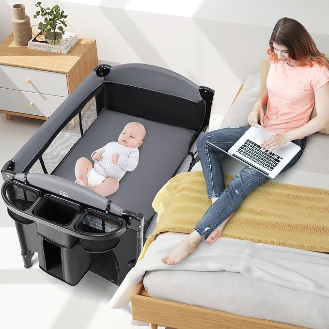 INFANS Baby Bassinet, 4 in 1 Pack and Play Baby Playard with Changing Table, Mosquito Net, Storage Basket, Travel Bag for Newborn 0-36 Months