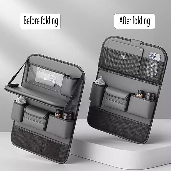 Car Backseat Tray Table with Organizer, Foldable Car Seat Back Organizer with Desk, Nappa Leather, Holds 27 lbs, Laptop Table for Kids Eating, Travel & Office, Waterproof Kick Mats
