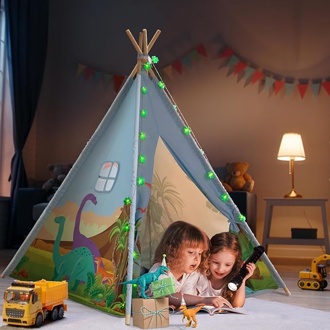BRINJOY Teepee Tent for Kids, Toddlers Dinosaur Play Tent with LED String Lights, Foldable Children Teepee Tent Toy w/Storage Bag, Indoor Outdoor Pretend Playhouse Gift for Boys Girls Ages 3+