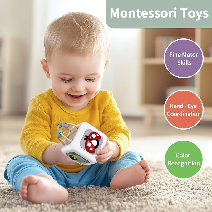 SOCBTNSO Baby Busy Board Cube, Toys for Boy Girl, Montessori Travel Toys for Toddlers, Learning Fine Motor Skills| Birthday Gifts for Infant Boys Girls