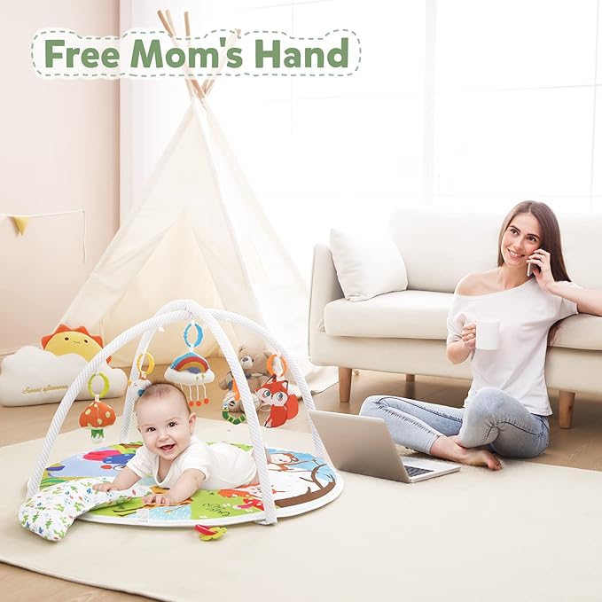 Baby Play Gym, ibabejoy Activity Play Mat for Newborn to Toddler, Stage-Based Sensory & Motor Skills Development, 7in 1 Non Slip Language Discovery Platmats with Teether