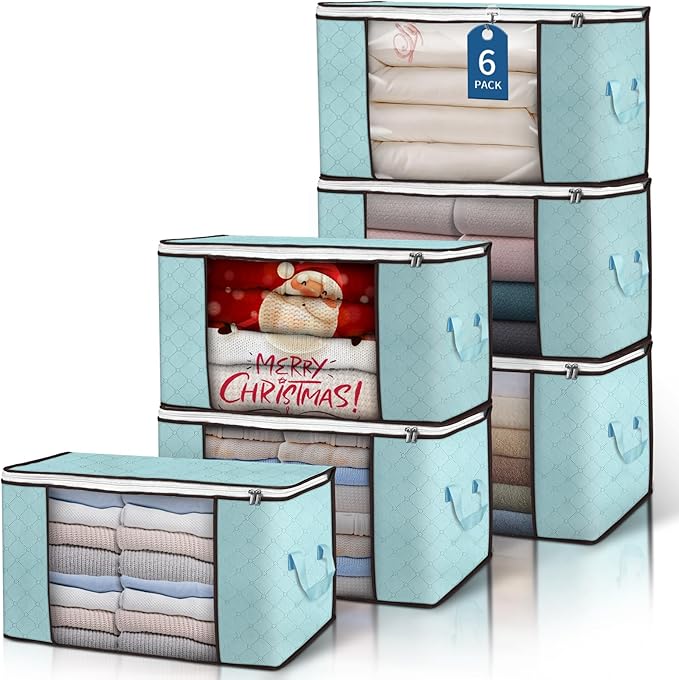 Budding Joy 90 L Large Storage Bags, 6 Pack Clothes Storage Bins Foldable Closet Organizer Storage Containers Storage and Organization for Clothes, Blanket, Comforters, Bed Sheets, Pillows (Blue)