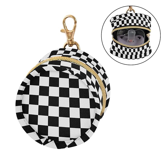 Checkered Plaid Black Print Pacifier Holder Case with Metal Clip Portable Pacifier Storage Container for Boys Girls