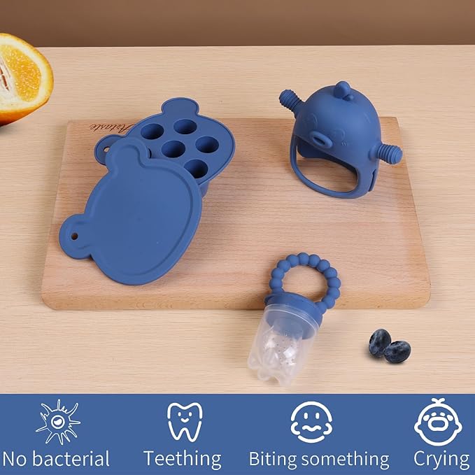 3-in-1 Baby Food & Fruit Feeder Set ??Breastmilk Popsicle Mold with Freezer Tray, Teething Relief Toy, BPA Free Infant Silicone Feeding Combo, 3 Bonus Sizes (S/M/L) Sacs (Steel Blue)