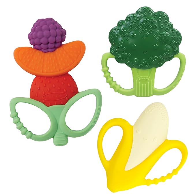 Infantino Lil??Nibbles Textured Silicone Teethers, BPA-Free Baby Teething Toy, Soft, Easy to Hold, Sensory Stimulation for Infants, Banana, Broccoli, Fruit Kabob, 3-Pack Set