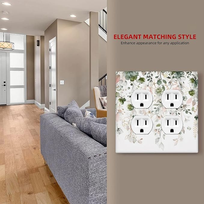 Green Pink Floral Flower Rustic Eucalyptus Leaves Wildflower Outlet Covers 2 Gang Double Duplex Decorative Light Switch Covers Electrical Wallplates Socket Faceplate for Bedroom Living Room Decor