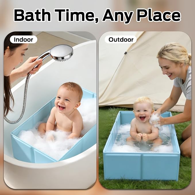 Foldable Baby Bathtub for Newborns & Toddlers, Collapsible Infant Bath Tub with Soft Cushion, Non-Slip Support & Drain Plug, Space-Saving Baby Tub for Small Bathrooms & Travel