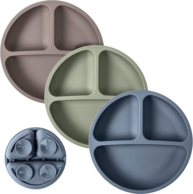 WeeSprout Suction Plates for Babies & Toddlers - 100% Silicone, Dinnerware Stays Put, Divided Design for Picky Eaters, Microwave & Dishwasher Friendly, 3 Pack