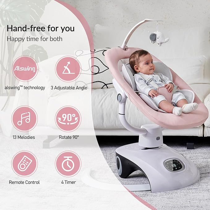 VaVaSoo Baby Swing for Infants Mamroo Electric Automatic Multi Motion Newborn for Girl & Boy with Remote Control, 5 Speed, 13 Melodies, Light Gray (Pink)