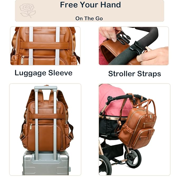 Leather Diaper Bag Backpack for Women with Multiple Pockets,Laptop Compartment and Changing Pad.