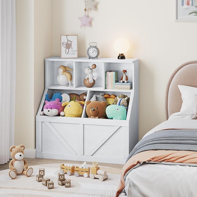 Kids Bookshelf and Toy Storage, Toy Storage Organizer, Toy Organizer with Storage Cabinet and Toy Shelf, Toddler Book Shelf for Kids Rooms, Playroom, Bedroom, Nursery, Daycare, Vintage White